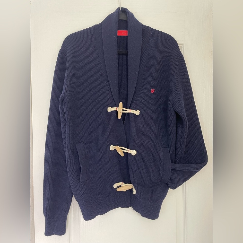 Carolina Herrera cardigan navy wool wooden toggles M preppy coastal yachting